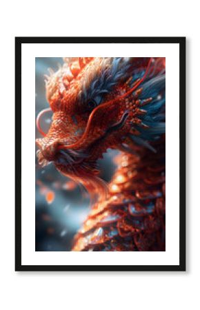 a close up of a red and blue dragon with a long tongue sticking out