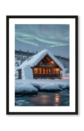 Warmly lit snowy riverside cabin under faint aurora twilight sky 
