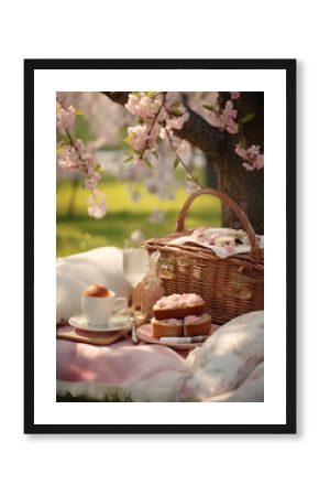 Image depicts a picnic under a cherry blossom tree