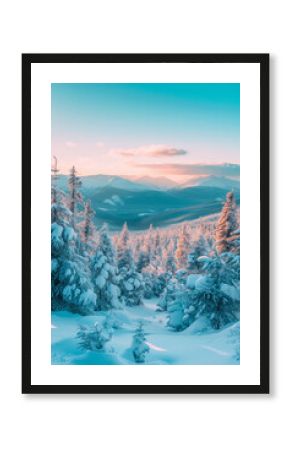 Tranquil winter scene unfolds with snow-capped pines and towering mountains set against a crisp blue sky. Minimalistic background for social media post or smartphone wallpaper