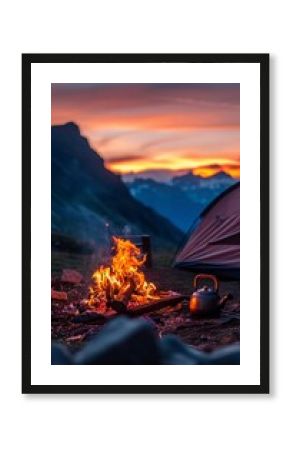 Sunset camping mountain wilderness with tent and fire