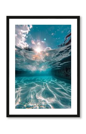 fotografía submarina del mar cristalino, rayos de sol bajo el agua, arena cielo y océano 