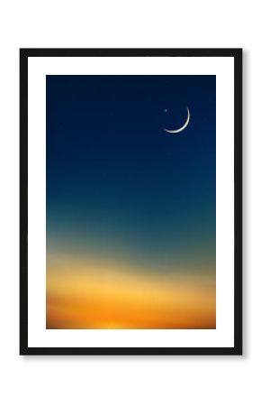 Sky Night,Ramadan Kareem Background with Crescent moon,Star with twilight dusk Sky,Vector Greeting festive for symbolic of Muslim culture ,Eid Mubarak,Eid al adha,Eid al fitr,Islamic new
