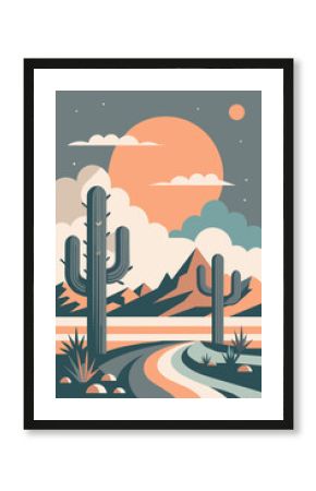Mexican poster desert Mexico background festive backdrop with cactus for festival Cinco de mayo. Stylized vector illustration of a serene desert landscape at sunset, with cacti and mountains