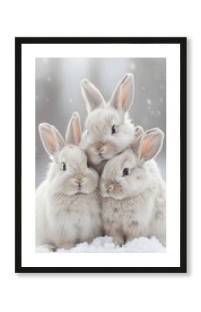 Three baby rabbits stacked in snow, showing ears and whiskers