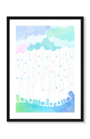 梅雨、背景、シルエット、水彩、街並み、かわいい、イラスト、縦型、虹色