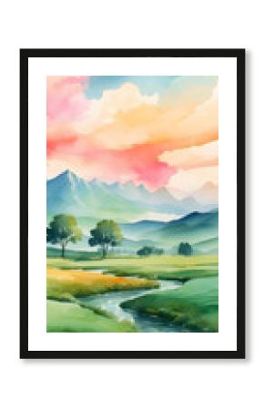 for advertisement and banner as Pastoral Serenity Gentle watercolor strokes depict a serene pastoral landscape. in watercolor landscape theme theme ,Full depth of field, high quality ,include copy spa