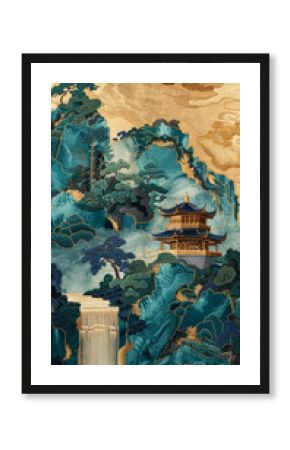 Chinese embroidery craft of a golden-blue-green mountain with pavilions and trees, gilding, flowing liquid gold, minimalist color field