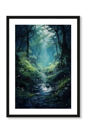 Detailed watercolor painting, Dark dreamy enchanted magical forest with tall trees, green foliage, nature invitation card, wallpaper, banner fire flies