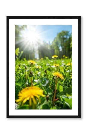Sunny meadow with dandelions and green grass background