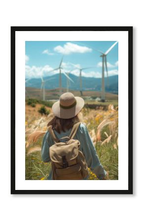 A woman in a hat stands with her back to the camera in front of wind turbines. Raising awareness about eco-sustainable energy. Earth Day theme