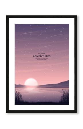 Sunset on a lake or river. Dark sky and stars. Marsh reeds, grass, cattails growing on the river bank. Dark silhouettes of hills on the horizon. Night landscape. Design for background, postcard, cover