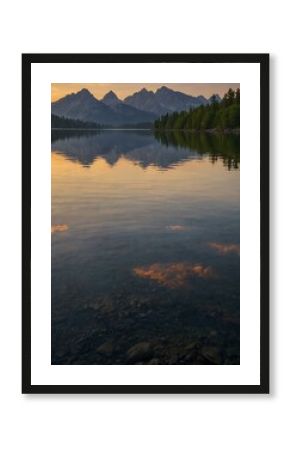 Serene dawn reflections with a tranquil sunrise over a still lake and majestic mountains.