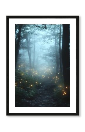 Mystical fireflies in a foggy forest