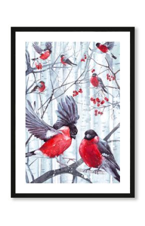 Watercolor winter birds 