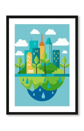 A skyline dotted with green infrastructure such as rain gardens and permeable pavement promoting natural water filtration and reducing stormwater runoff.. Vector illustration