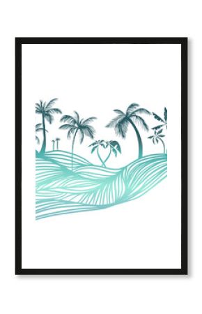 Hello summer . Blue palm trees horizontal background. Not AI, Vector illustration