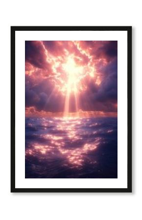 Beautiful sky with sun rays shining over ocean. The light reflects in the water and makes it sparkle
