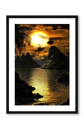 Glowing sunset reflecting on water  mountains in background. Palm on left adds to beauty