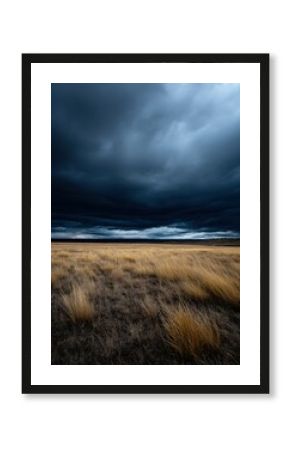 Dark clouds loom over golden grassland at dusk