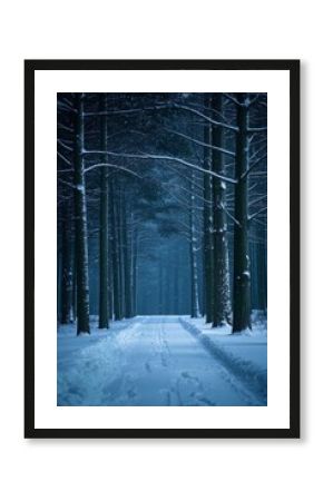 snowy path in the woods with trees and snow on the ground