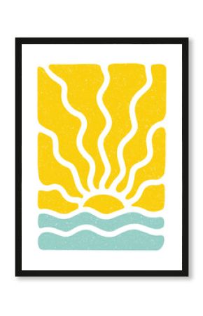 Vintage groovy abstract summer sea waves with wavy sun rays for surf beach print with retro rough texture for graphic tee t shirt or poster sticker. Vector