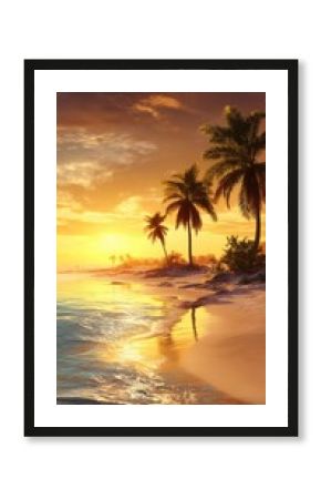 A beautiful sunset on the beach, with palm trees and golden sand, phone wallpaper