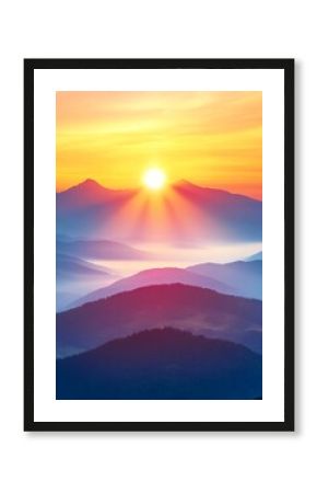 Majestic sunrise over misty mountains. Peaceful landscape, ideal for travel and nature documentaries