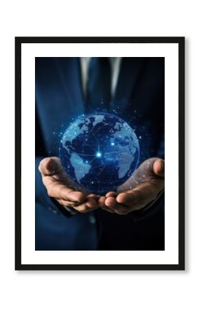 Close up of businessman holding digital globe in palm illustration