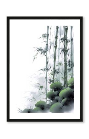 水墨画スタイル竹林 水彩画風描写 濃淡緑色竹と葉 白背景 自然光