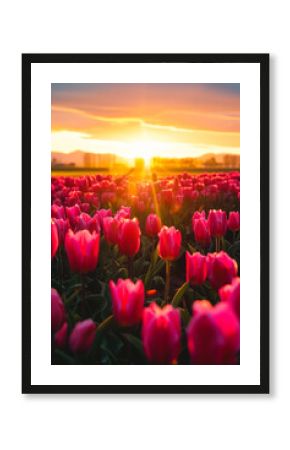 A field of vibrant pink tulips at sunset, their petals catching the golden light, with a picturesque background. Capturing nature's tranquil beauty in this spring scene.