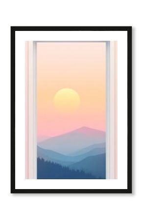Pastel Sunset Over Silhouetted Mountains in a White Frame