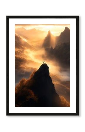 Person Silhouetted on Mountain Peak at Sunrise