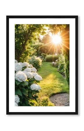 Sunlit Garden Path with White Hydrangeas Blooming at Sunset