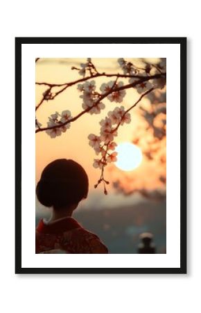 Woman views sunrise cherry blossoms