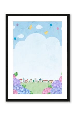 紫陽花と街並みの水彩風、風景イラスト