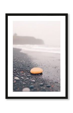 Orange Pebble on Dark Beach in Foggy Weather