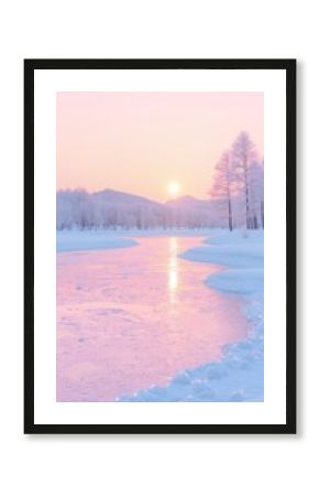 Pink Winter Sunset Over Frozen River