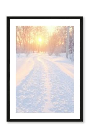 Snowy Path Through a Winter Forest at Sunset