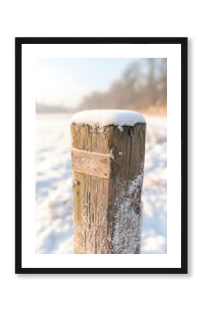 Snow Covered Wooden Post in Winter Landscape