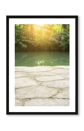 Stone Pathway Beside a Tranquil River in a Sunlit Forest