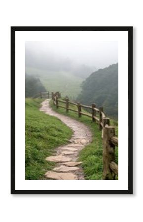 Misty Mountain Path with Wooden Fence
