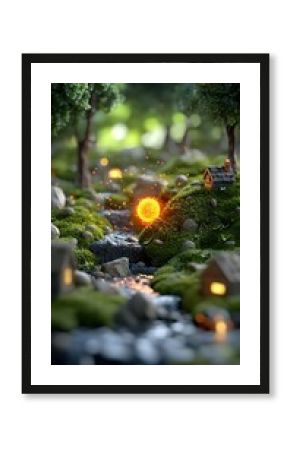 Miniature Glowing Sun Erupting in a Vibrant Green Forest Landscape