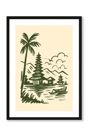Bali temple and boat near lake, hand drawn sketch vector style  