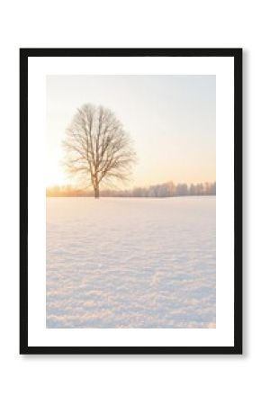 Solitary Tree in Snowy Winter Field at Sunset
