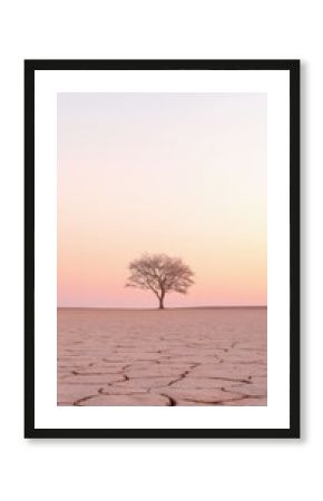Solitary Tree in a Cracked Desert at Sunset