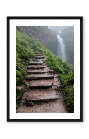 Stone Steps Leading to a Hidden Waterfall in a Mossy Canyon