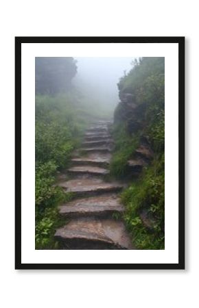 Stone Steps Leading Through Misty Waterfall and Lush Greenery
