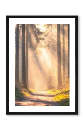 Sunlit Path Through Misty Pine Forest
