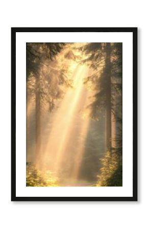Sunlit Path Through Misty Pine Forest